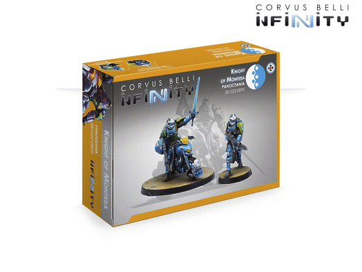 The product box for the PanOceania Knight of Montesa with Red Fury, a pack of 2 metal miniatures for Infinity the Game. Available at Charon Games NZ.