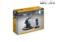The product box for the PanOceania Knight of Montesa with Red Fury, a pack of 2 metal miniatures for Infinity the Game. Available at Charon Games NZ.