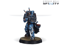 Infinity model on a white background with Corvus Belli branding.