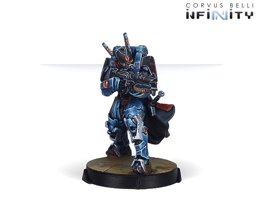 Infinity model on a white background with Corvus Belli branding.
