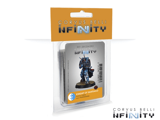 The blister pack for the PanOceania Knight of Santiago with Spitfire, a metal miniature for Infinity the Game. Available at Charon Games NZ.