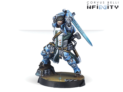 Warrior figurine with blue armor and sword on a white background, featuring 'Corvus Belli Infinity' branding.