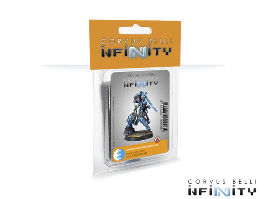 The Padre-Inquisidor Mendoza metal miniature with MULTI Rifle for Infinity the Game. Available at Charon Games NZ.