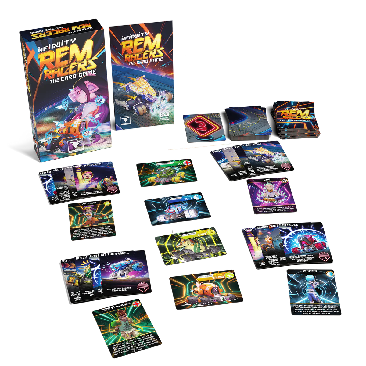 Tabletop spread of REM Racers components including pilot cards, equipment cards, movement templates, and remote control pads.