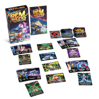 Tabletop spread of REM Racers components including pilot cards, equipment cards, movement templates, and remote control pads.