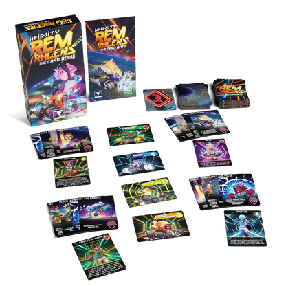 Tabletop spread of REM Racers components including pilot cards, equipment cards, movement templates, and remote control pads.