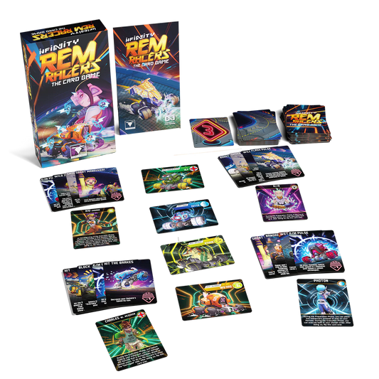 Tabletop spread of REM Racers components including pilot cards, equipment cards, movement templates, and remote control pads.
