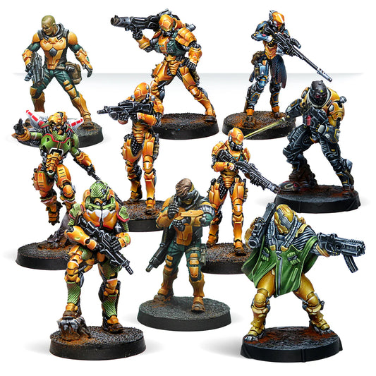 A group shot of the 10 painted metal miniatures from the Infinity Yu Jing Action Pack.