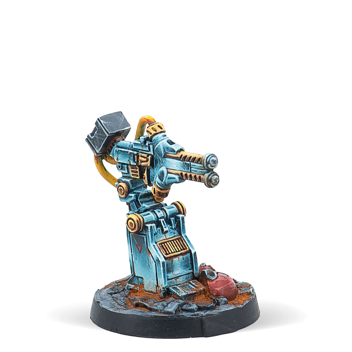 A painted Infinity miniature of a Yu Jing Armed Turret equipped with an Adhesive Launcher (ADHL).