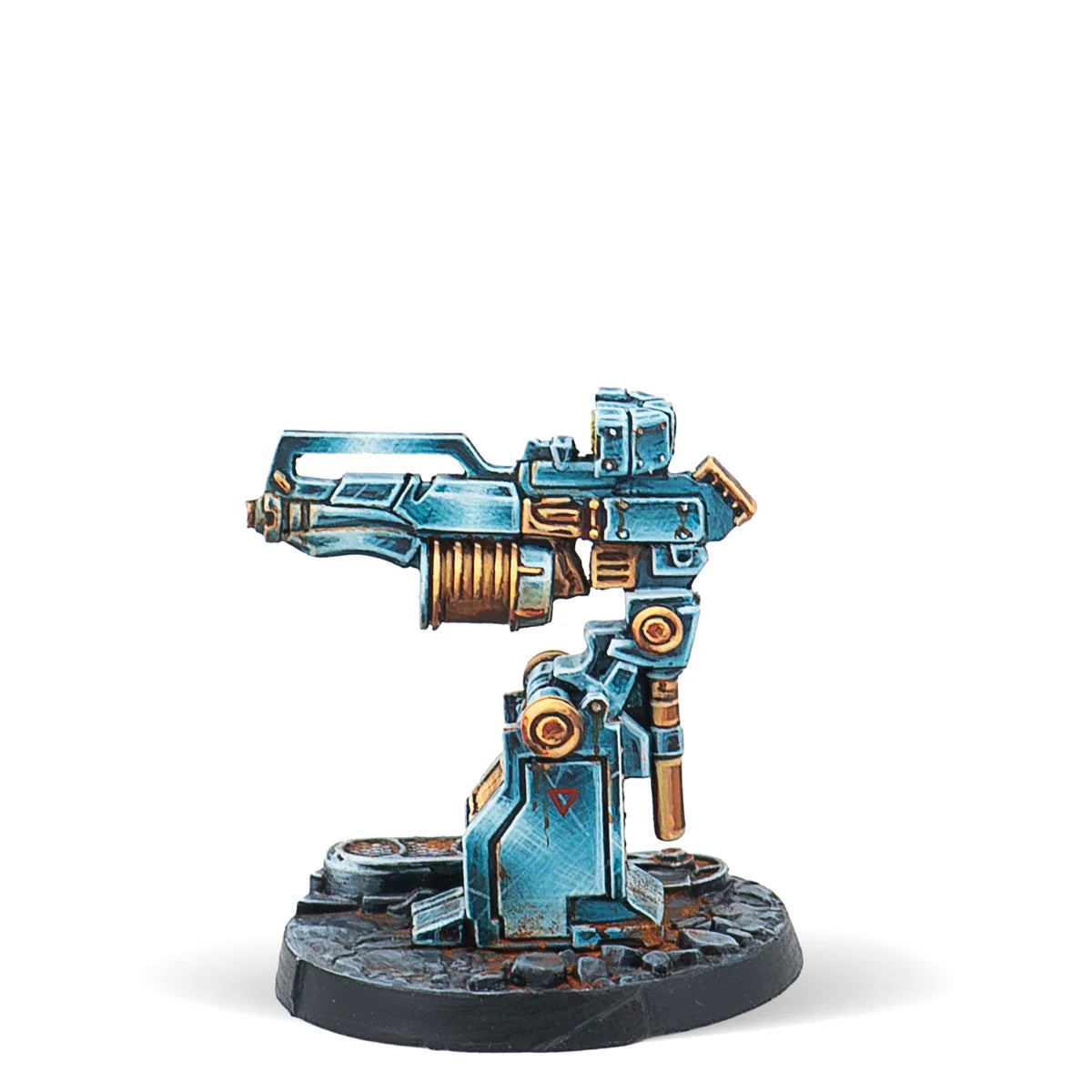  A painted Infinity miniature of a Yu Jing Armed Turret equipped with an E/Mitter.