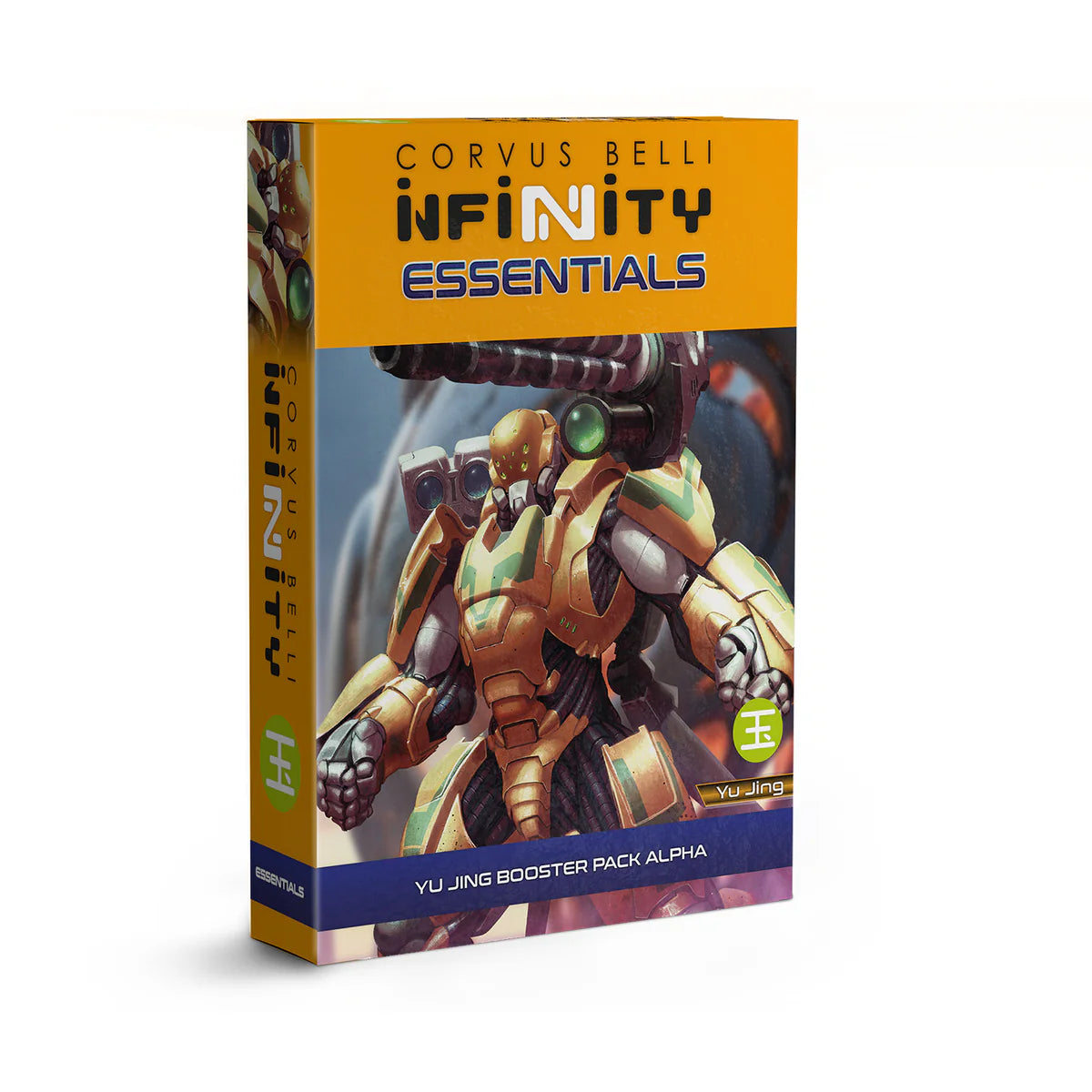 The box for the Infinity Yu Jing Booster Pack Alpha, featuring artwork of a Yàn Huǒ Invincible in heavy yellow armour.