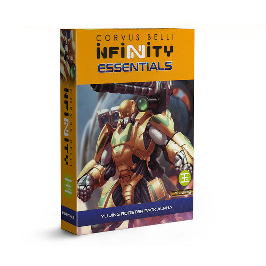 The box for the Infinity Yu Jing Booster Pack Alpha, featuring artwork of a Yàn Huǒ Invincible in heavy yellow armour.