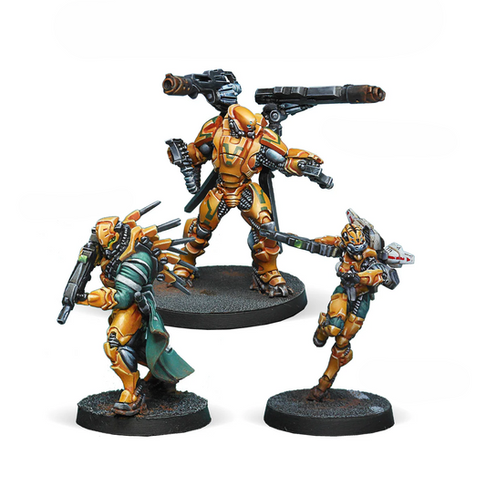 A group shot of the three painted metal miniatures from the Infinity Yu Jing Booster Pack Alpha: Yàn Huǒ, Hsien Warrior, and a Tiger Soldier.