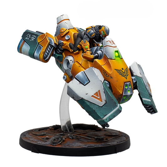 A painted Infinity miniature of a Yu Jing Fēiquán Imperial Tactical Wing, a futuristic yellow and green grav-vehicle.