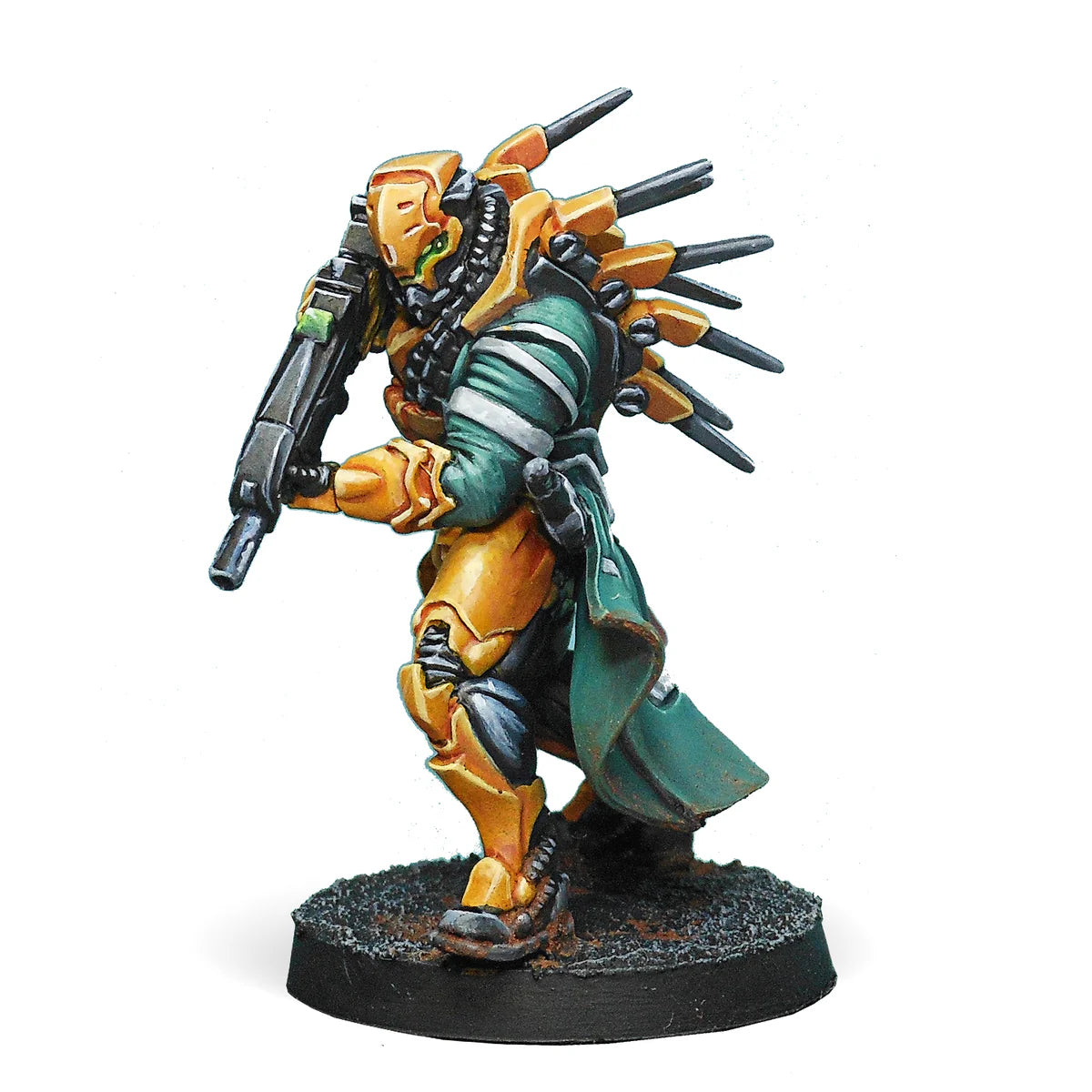 A painted Infinity miniature of a Yu Jing Hsien Warrior in yellow armour and a green coat, armed with a MULTI Rifle.