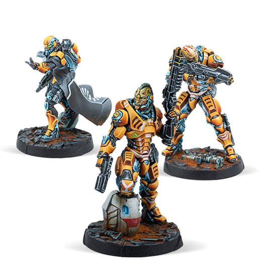 Infinity Yu Jing Imperial Service Expansion Pack Alpha, showing an armoured Wú Míng soldier in yellow armour.