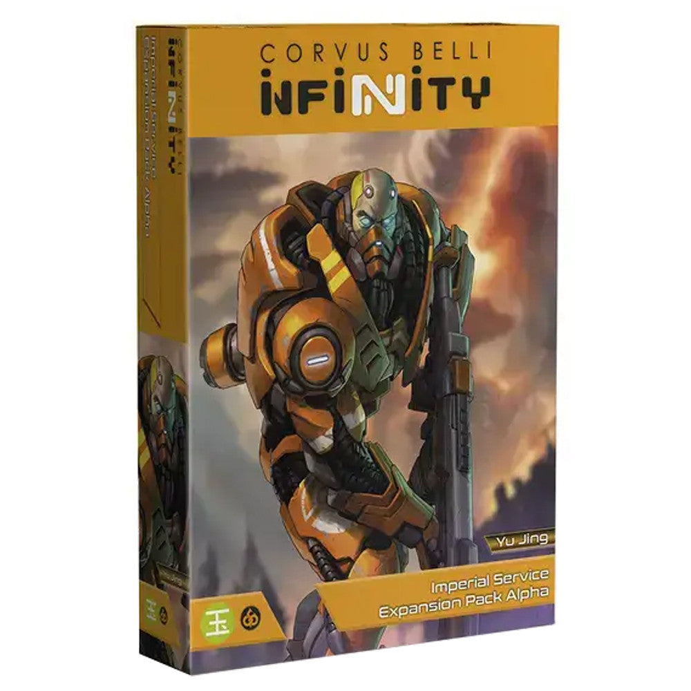 The box for the Infinity Yu Jing Imperial Service Expansion Pack Alpha, showing an armoured Wú Míng soldier in yellow armour.