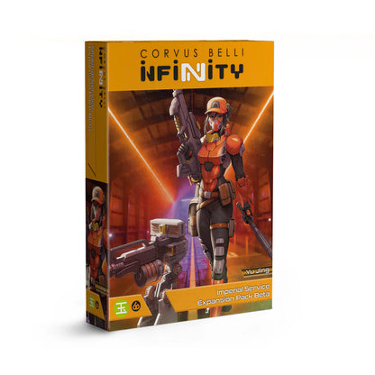 The box for the Infinity Yu Jing Imperial Service Expansion Pack Beta, featuring artwork of a female Shenji Ying combat engineer.
