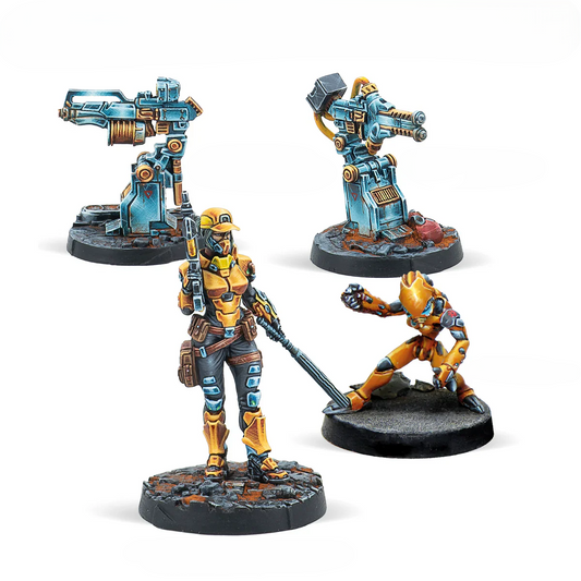 A group shot of the four painted miniatures from the Imperial Service Expansion Pack Beta, including the Shenji Ying, Yaozao remote, and two armed turrets.