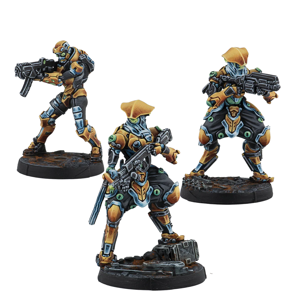 A group shot of the 3 painted metal miniatures from the Imperial Service Expansion Pack Gamma: one Qianfeng and two Jinwei.