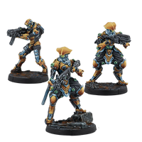 A group shot of the 3 painted metal miniatures from the Imperial Service Expansion Pack Gamma: one Qianfeng and two Jinwei.