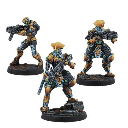 A group shot of the 3 painted metal miniatures from the Imperial Service Expansion Pack Gamma: one Qianfeng and two Jinwei.