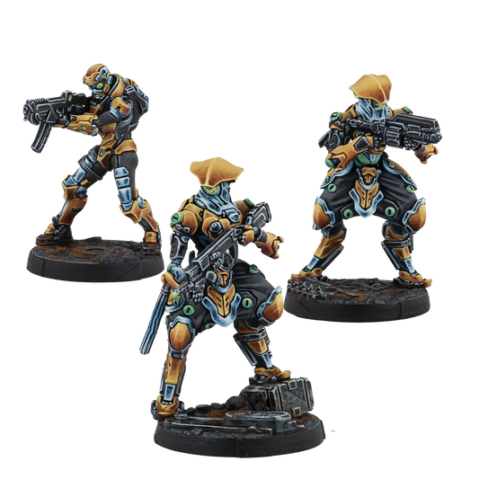 A group shot of the 3 painted metal miniatures from the Imperial Service Expansion Pack Gamma: one Qianfeng and two Jinwei.