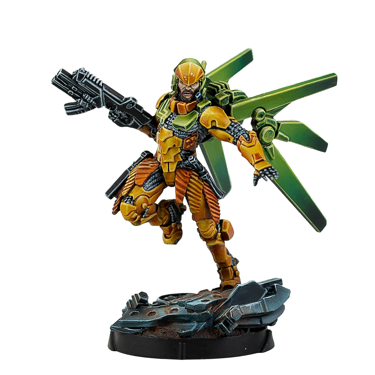 A painted Infinity miniature of Lěi Gōng, a Yu Jing hero in yellow power armour with green jump wings.