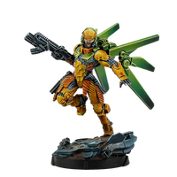 A painted Infinity miniature of Lěi Gōng, a Yu Jing hero in yellow power armour with green jump wings.