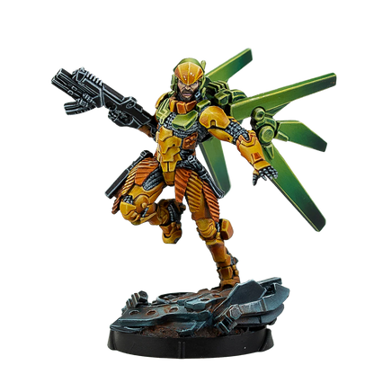 A painted Infinity miniature of Lěi Gōng, a Yu Jing hero in yellow power armour with green jump wings.