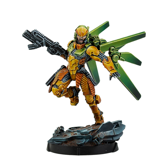 A painted Infinity miniature of Lěi Gōng, a Yu Jing hero in yellow power armour with green jump wings.