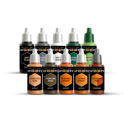 The 10 acrylic and speedpaint bottles included in the Infinity Yu Jing Paint Set, showing colours like Invincible Orange and Yutang Sunset.