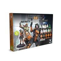 The box for the Infinity Yu Jing Paint Set, showing the included 10 paint bottles and the exclusive Zhanshi Paramedic miniature.