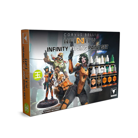 The box for the Infinity Yu Jing Paint Set, showing the included 10 paint bottles and the exclusive Zhanshi Paramedic miniature.