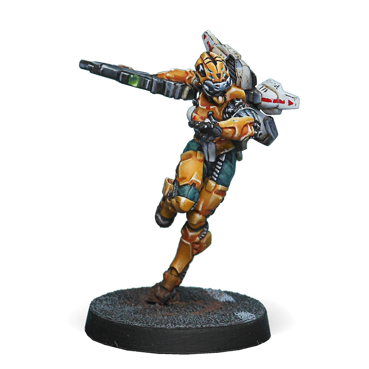 A painted Infinity miniature of a Yu Jing Tiger Soldier, an airborne trooper in a dynamic running pose with a Combi Rifle.