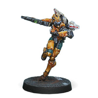 A painted Infinity miniature of a Yu Jing Tiger Soldier, an airborne trooper in a dynamic running pose with a Combi Rifle.