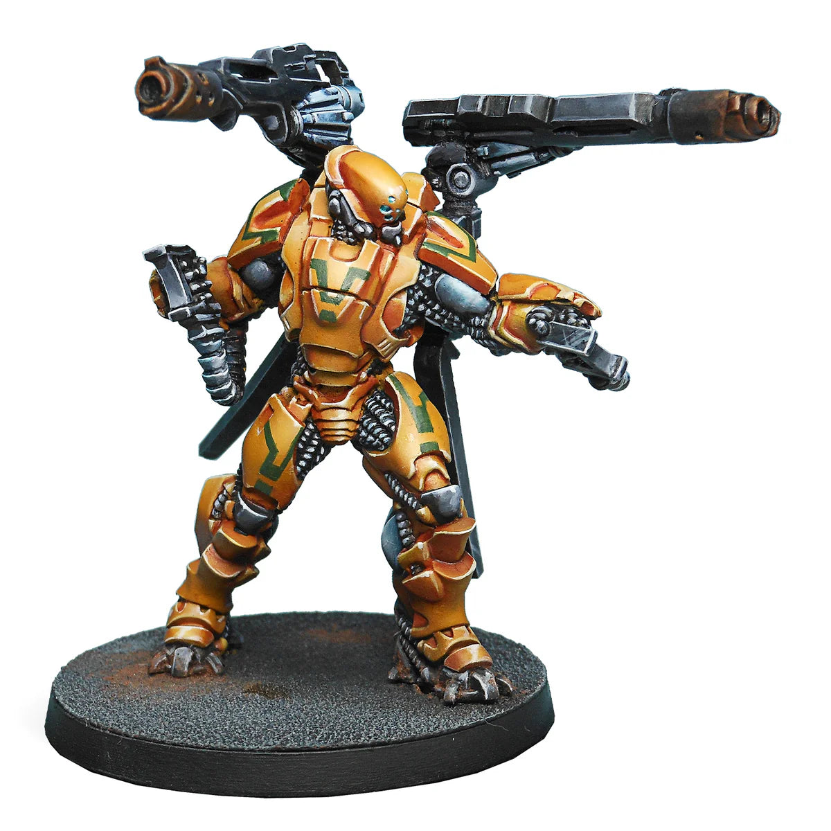 A painted Infinity miniature of a Yu Jing Yàn Huǒ Invincible, a heavy infantry unit with two shoulder-mounted Missile Launchers.