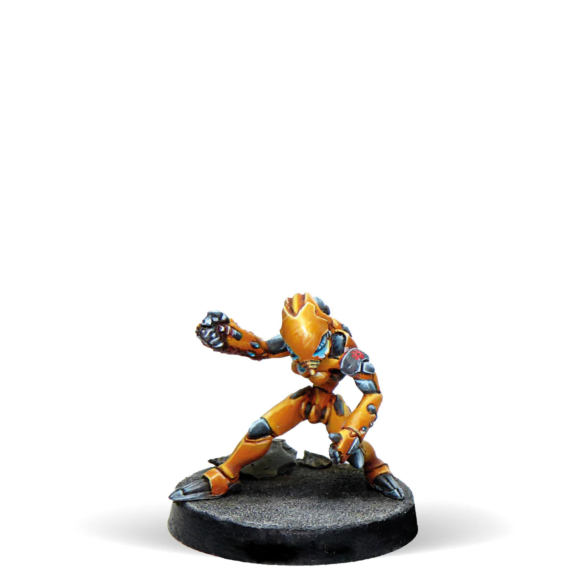 A painted Infinity miniature of a Yu Jing Yáo Zăo Servant Remote, a sleek orange robotic unit in a dynamic pose.