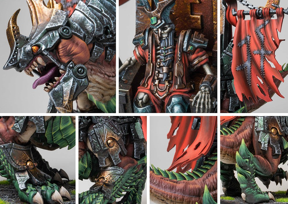 Close-up details of the Ironclad Drake model, focusing on the dwarf rider in the command saddle, the dinosaur's furious expression, and the intricate metal and scale armor.