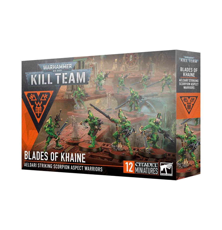 The official retail product box for the Kill Team Blades of Khaine miniature kit, featuring the fully assembled and painted Aeldari models.