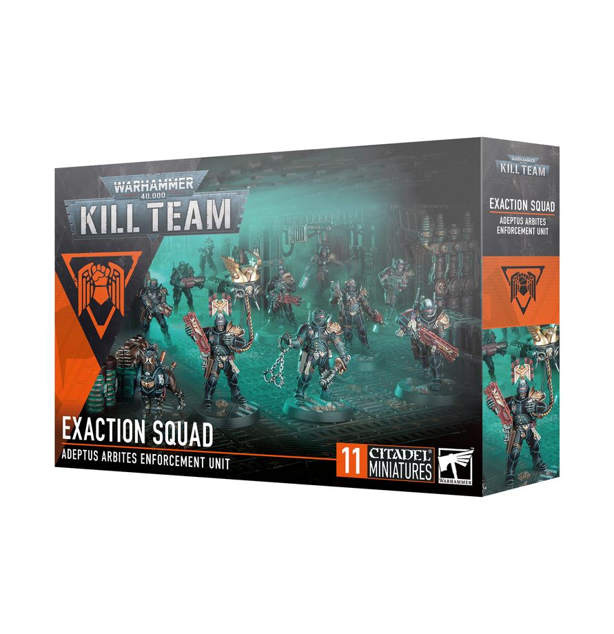 The official retail product box for the Kill Team: Exaction Squad miniature kit, featuring the fully assembled and painted Adeptus Arbites models.