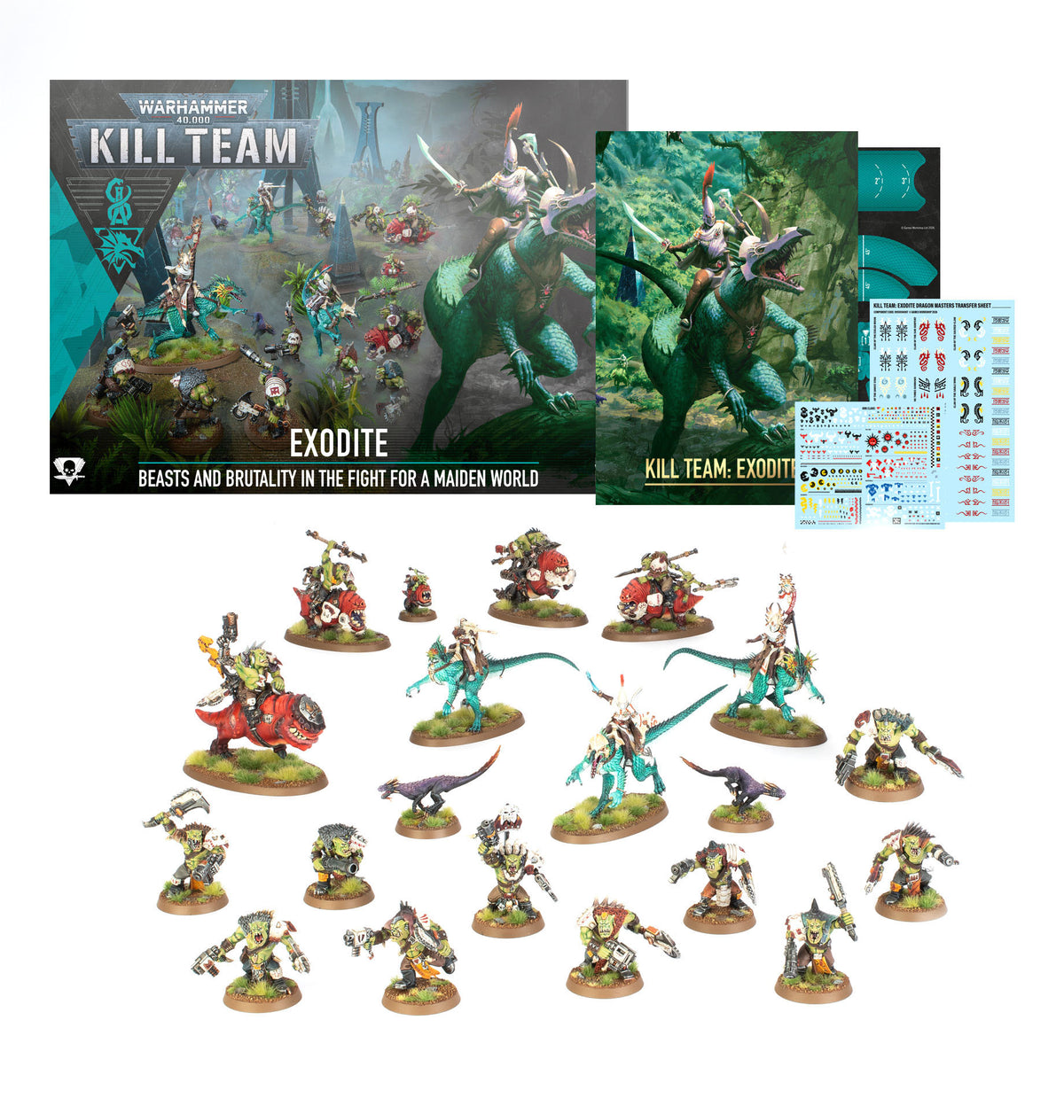 The official retail product box for the Kill Team: Exodite expansion, displaying the assembled Exodite Dragon Masters and Ork miniatures.