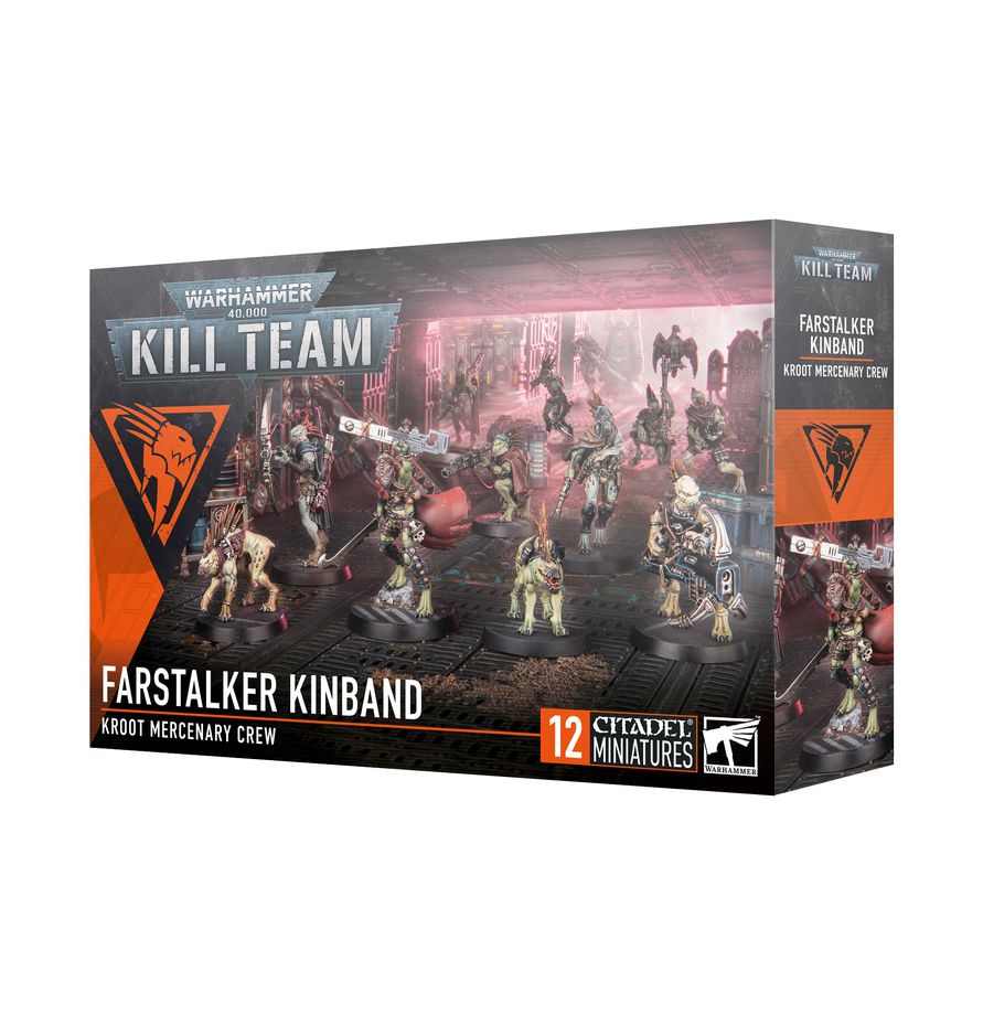 The official retail product box for the Kill Team Farstalker Kinbands miniature kit, featuring the fully assembled and painted Kroot models.