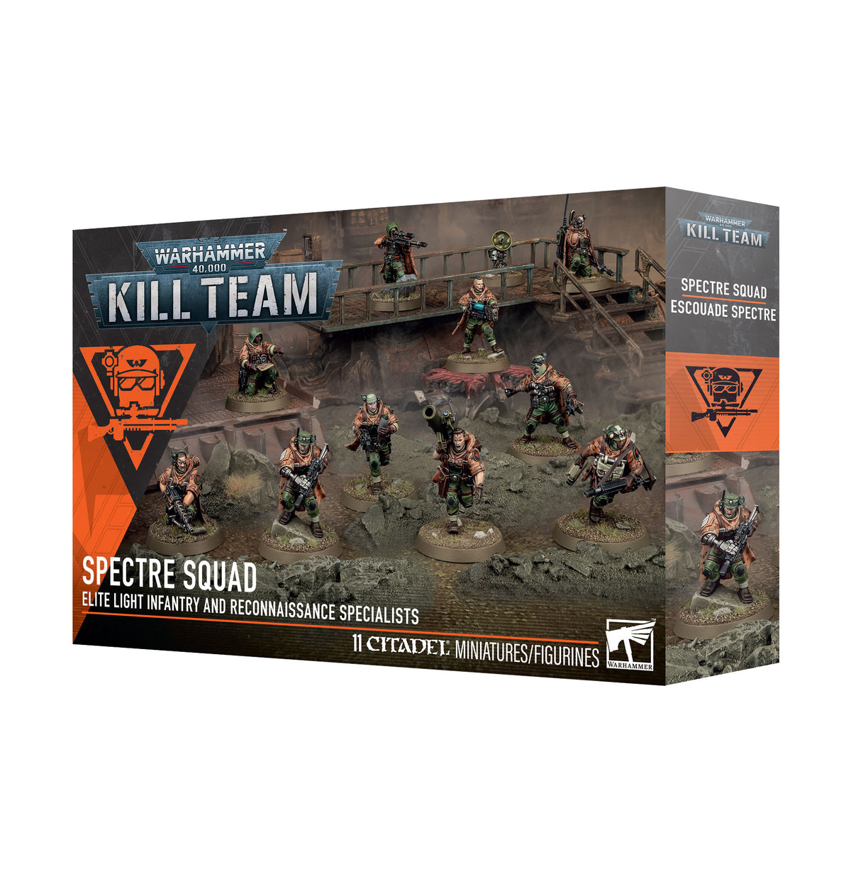 The official retail product box for the Kill Team: Spectre Squad miniature kit, displaying Astra Militarum veteran stealth operatives.