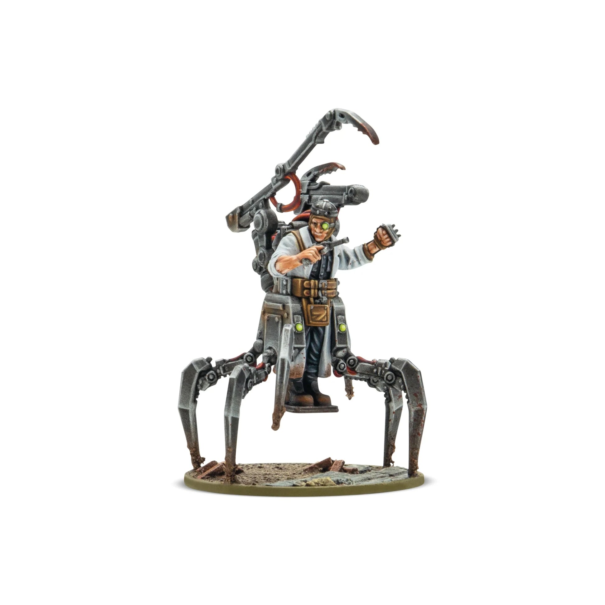 A painted Warlord Resin miniature of Der Erntemann, Oberstarzt Albrecht von Zögling, mounted on a four-legged mechanical life-support walker.