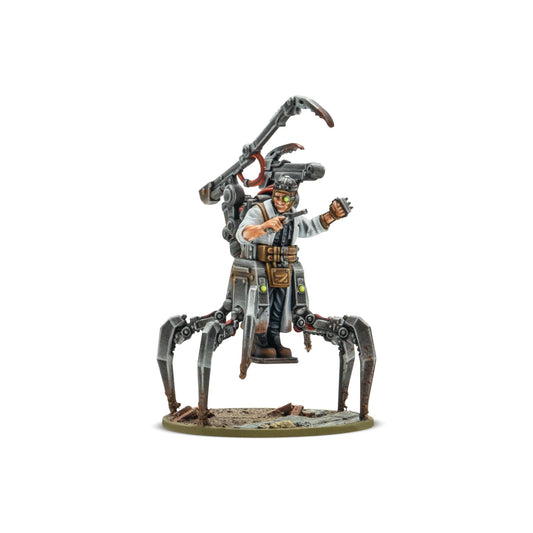 A painted Warlord Resin miniature of Der Erntemann, Oberstarzt Albrecht von Zögling, mounted on a four-legged mechanical life-support walker.