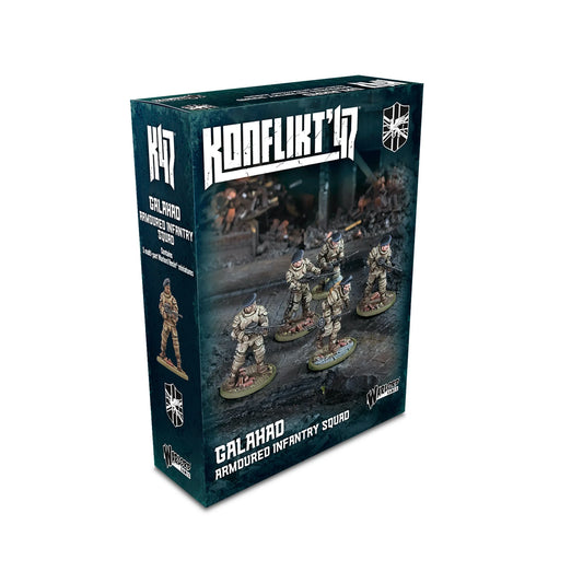 Official retail box for the Konflikt '47 Galahad Armoured Infantry Squad, a British Commonwealth heavy shock troop unit set by Warlord Games.