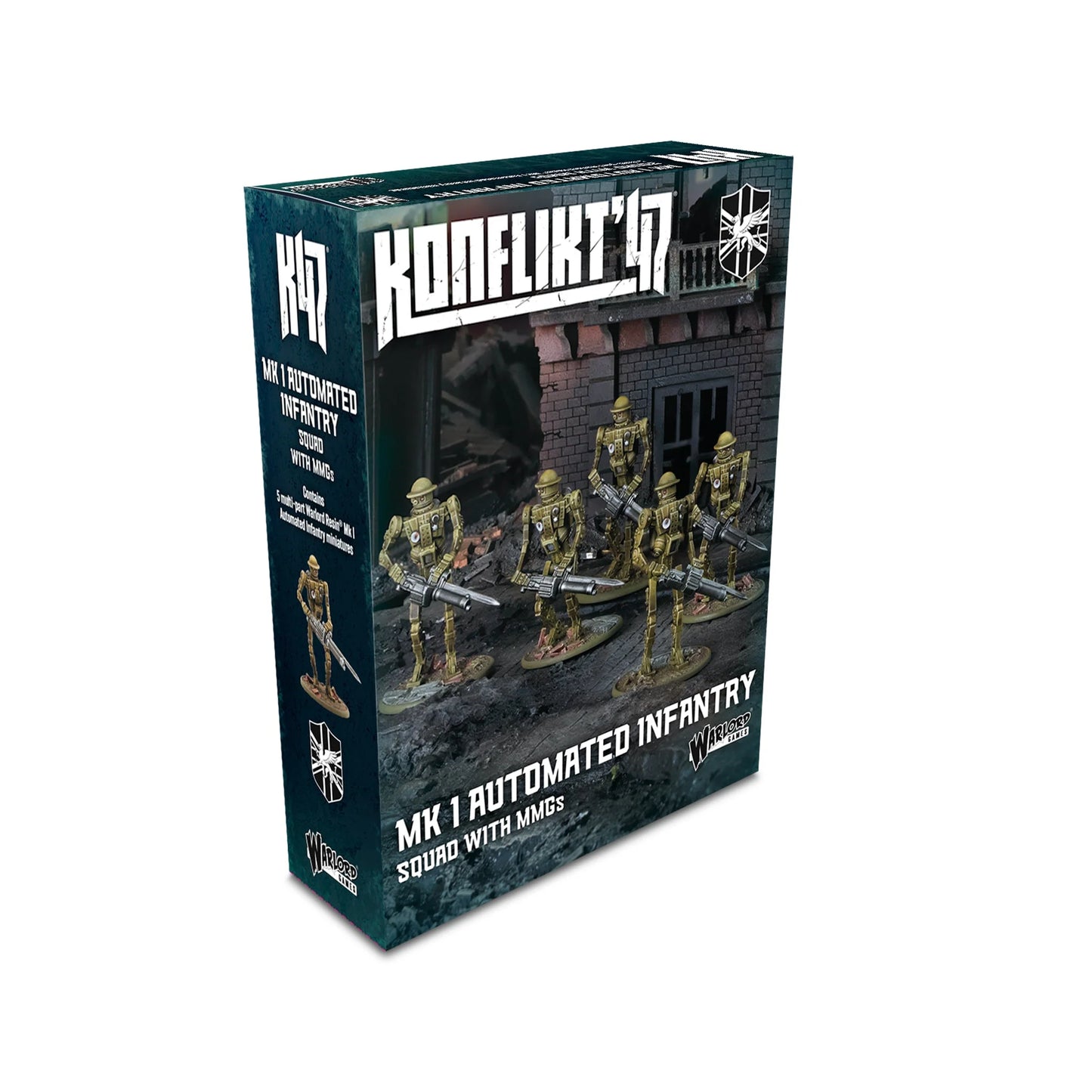 Official retail box for the Konflikt '47 Mk I Automated Infantry Squad with MMGs, featuring five 10ft tall "Tinhead" automatons.