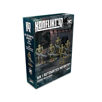 Official retail box for the Konflikt '47 Mk I Automated Infantry Squad with MMGs, featuring five 10ft tall "Tinhead" automatons.