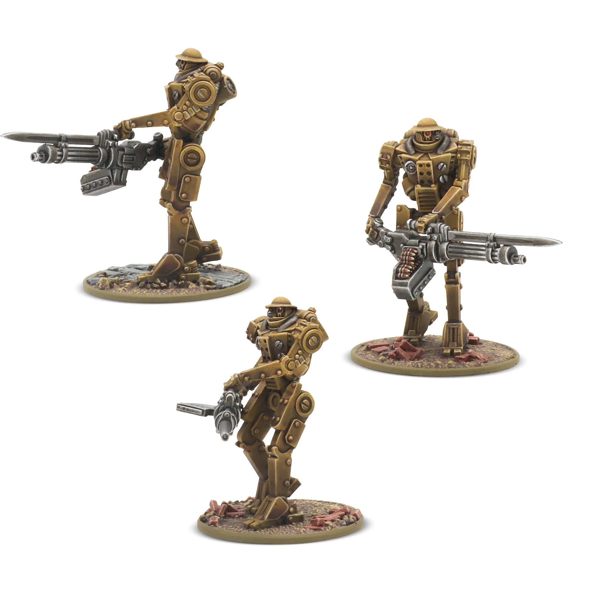 Three painted Warlord Resin Mk II Heavy Automated Infantry miniatures including two with Light Automatic Cannons and one with a heavy Automatic Cannon.